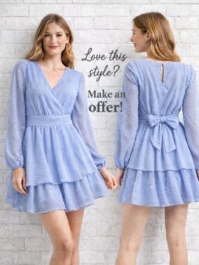 Japra Blue Swiss Dot Long Sleeve Wrap Dress XS | Ruffle Hem | Feminine Chic
